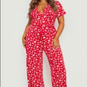 Plus Ditsy Floral Wrap Wide Leg Jumpsuit